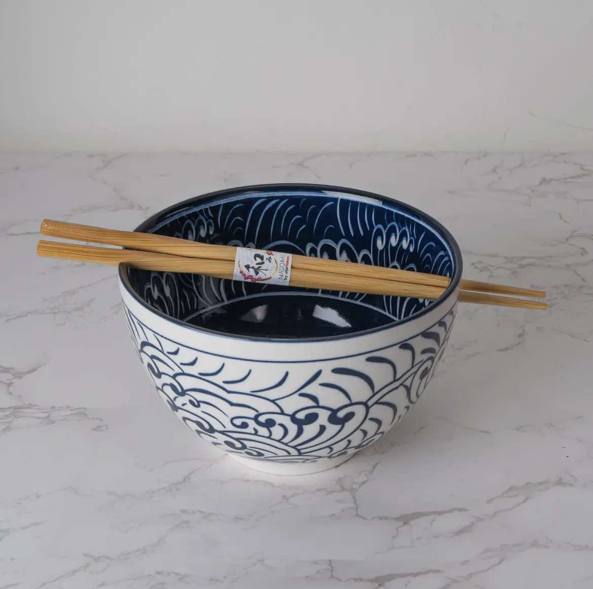 20oz 6"Dx3.75"H Bowl with Chopsticks Nami Waves