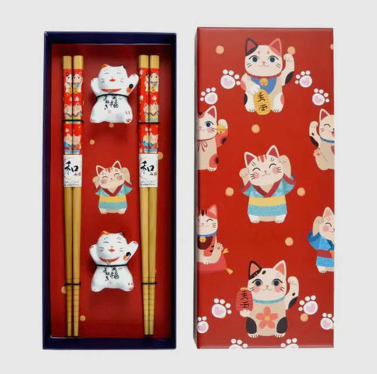 Lucky Cat Neko 2 Pair Chopsticks and Rests Git Set