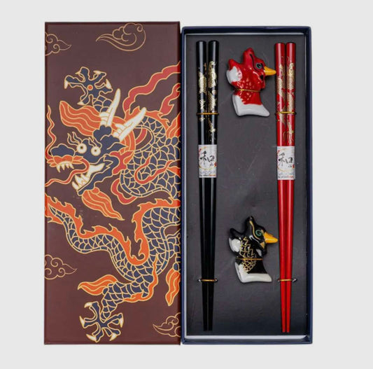 Oriental Dragon 2 Pair Chopsticks and Chopsticks Rests Gift Set