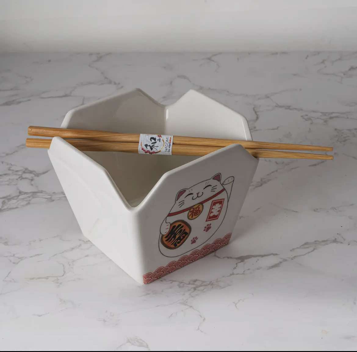 16oz 5"W X 4"H Takeout Box Serving Bowl with Chopsticks Lucky Cat
