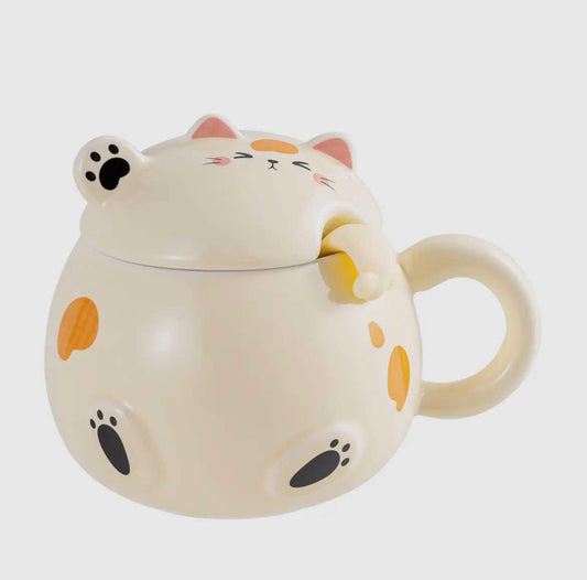Whimsy Cat 15oz Mug with Lid and Spoon Beige