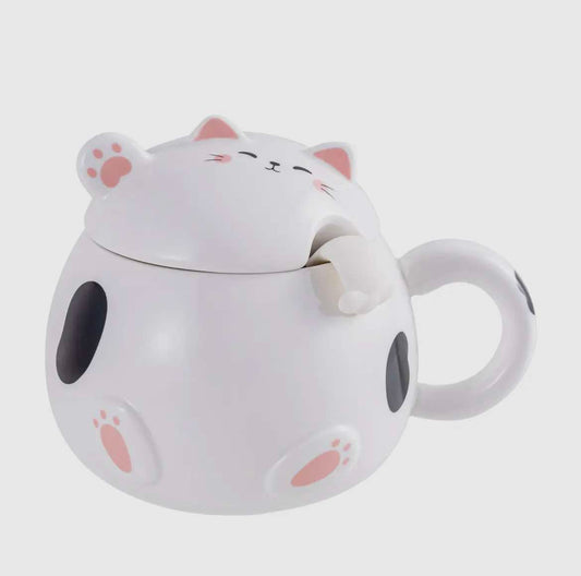 Whimsy Cat 15oz Mug with Lid and Spoon White