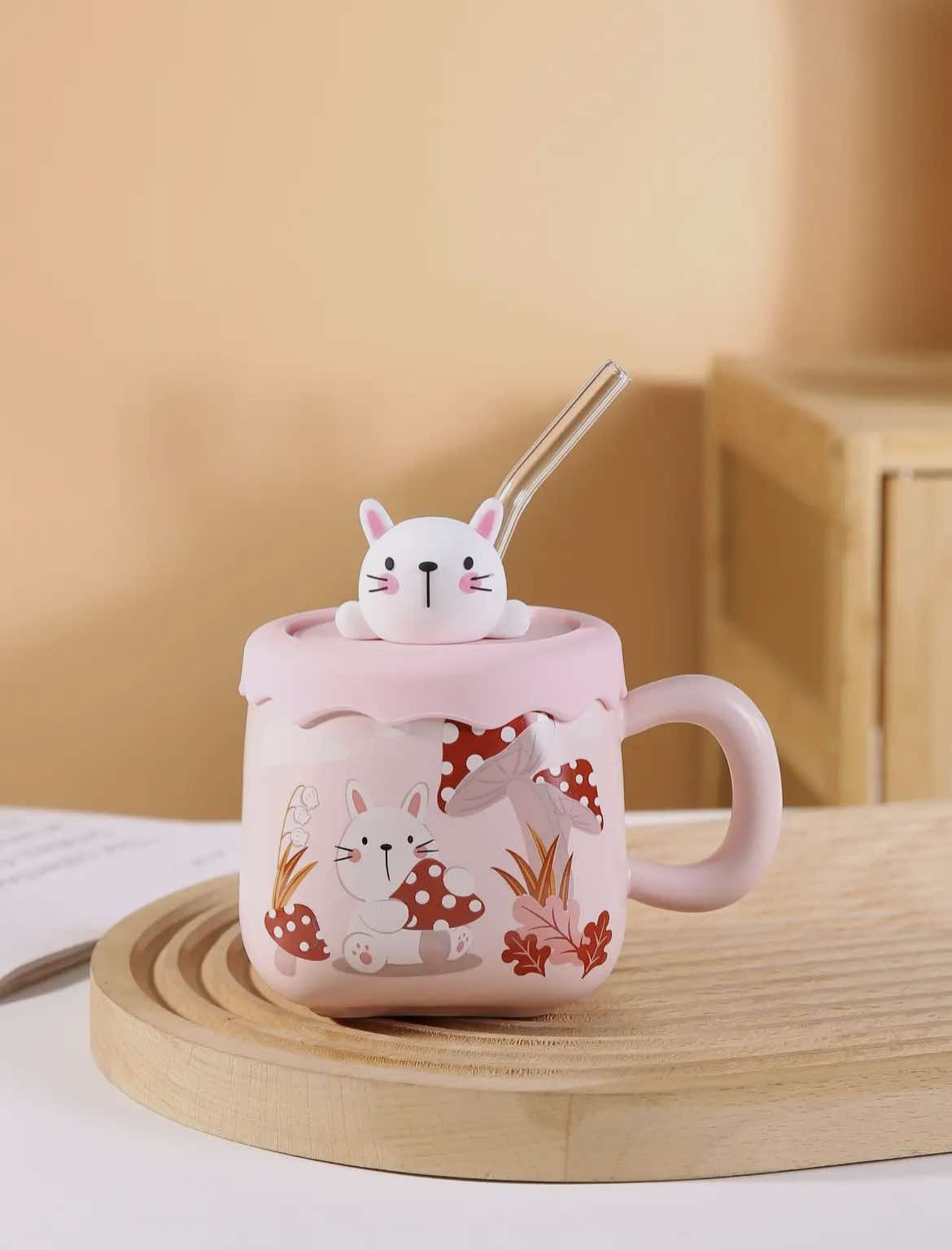 Rabbit Mushrooms 13oz Mug with Lid and Straw