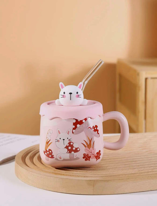 Rabbit Mushrooms 13oz Mug with Lid and Straw