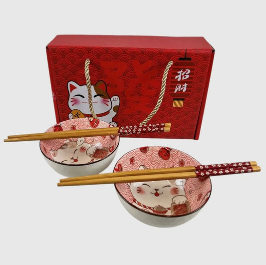 Maneki Neko Lucky Cat Double Rice Set of 10oz 4.5"D Bowl with Chopsticks
