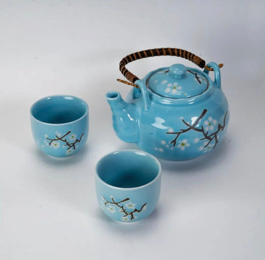 lue Sakura Cherry Blossoms Tea Set 22oz Tea Pot with 2 Cups