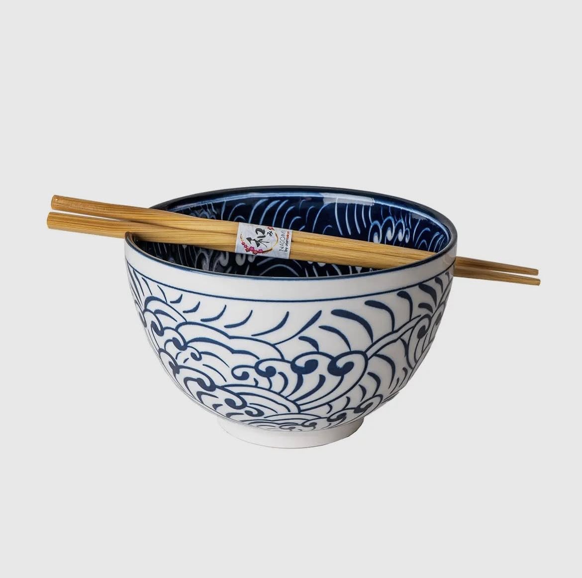 20oz 6"Dx3.75"H Bowl with Chopsticks Nami Waves