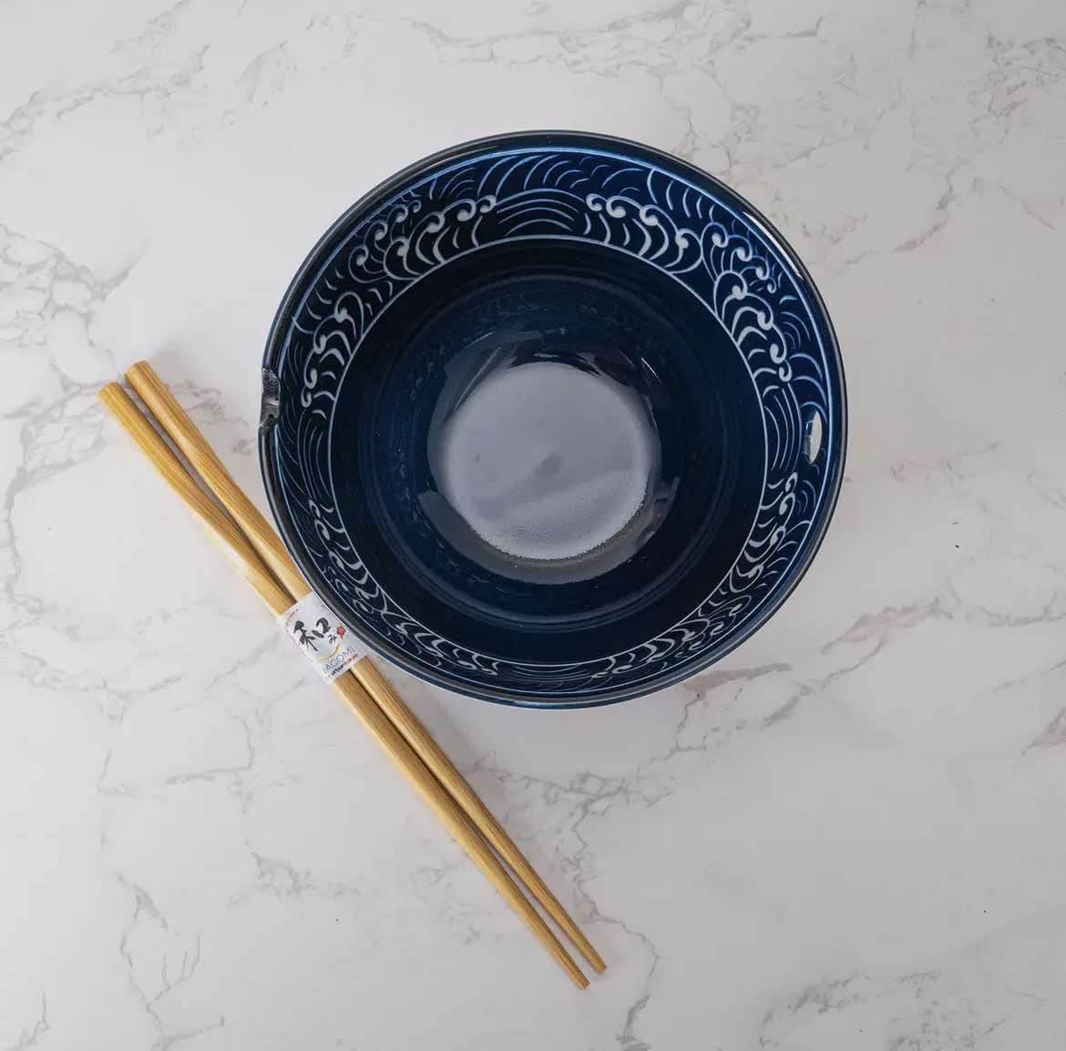 20oz 6"Dx3.75"H Bowl with Chopsticks Nami Waves