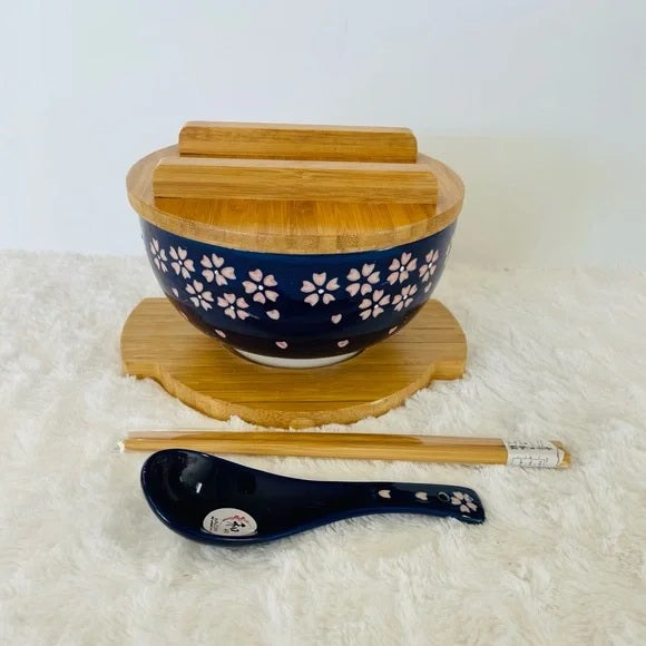 Sakura Cherry Noodle Bowl with Chopstick, Spoon, Lid and Trivet Set