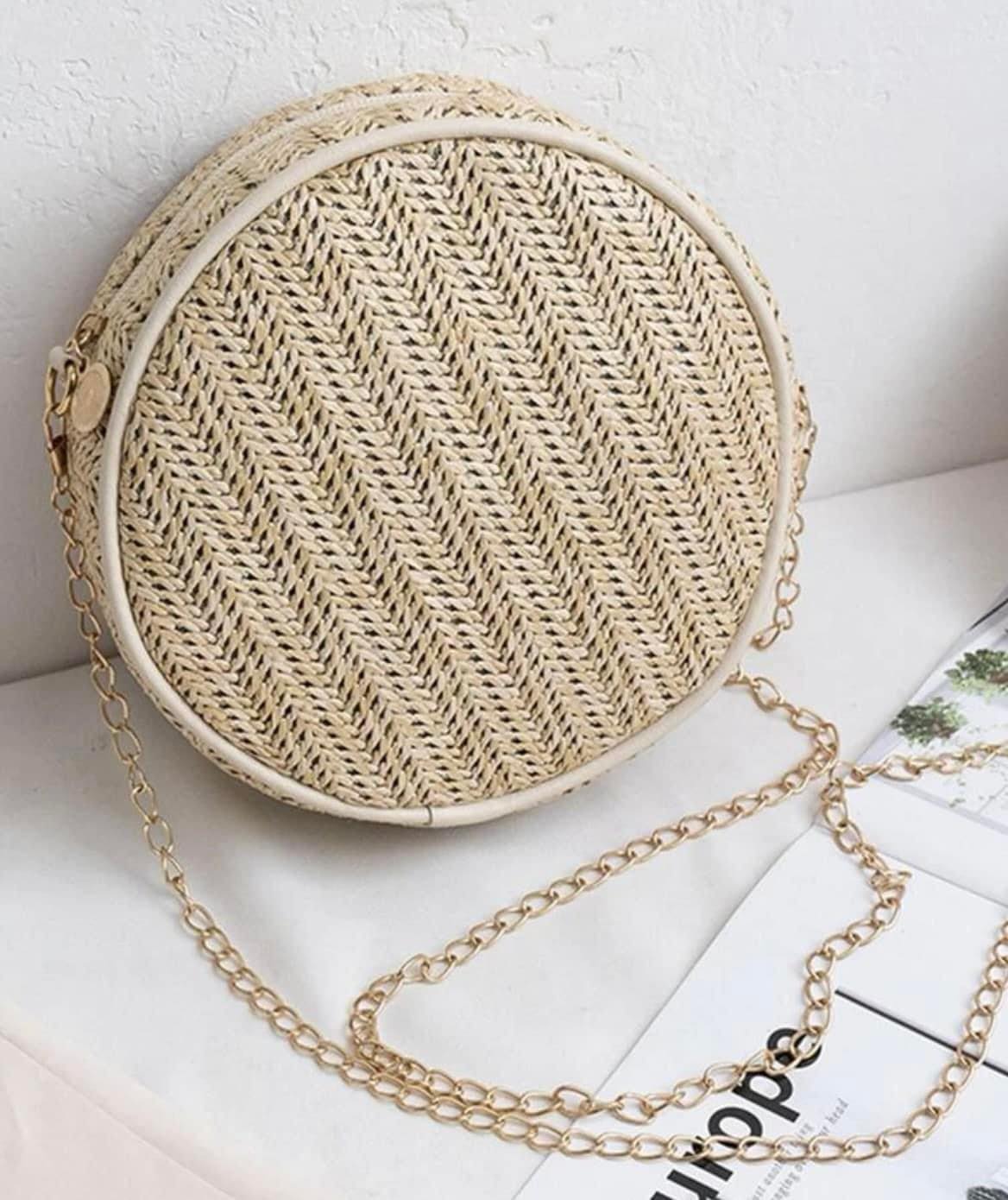 ABACA ROUND SLING BAG BEIGE