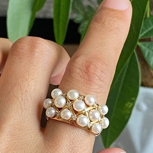 18KT GOLD FULL OF PEARLS RING SIZE 6