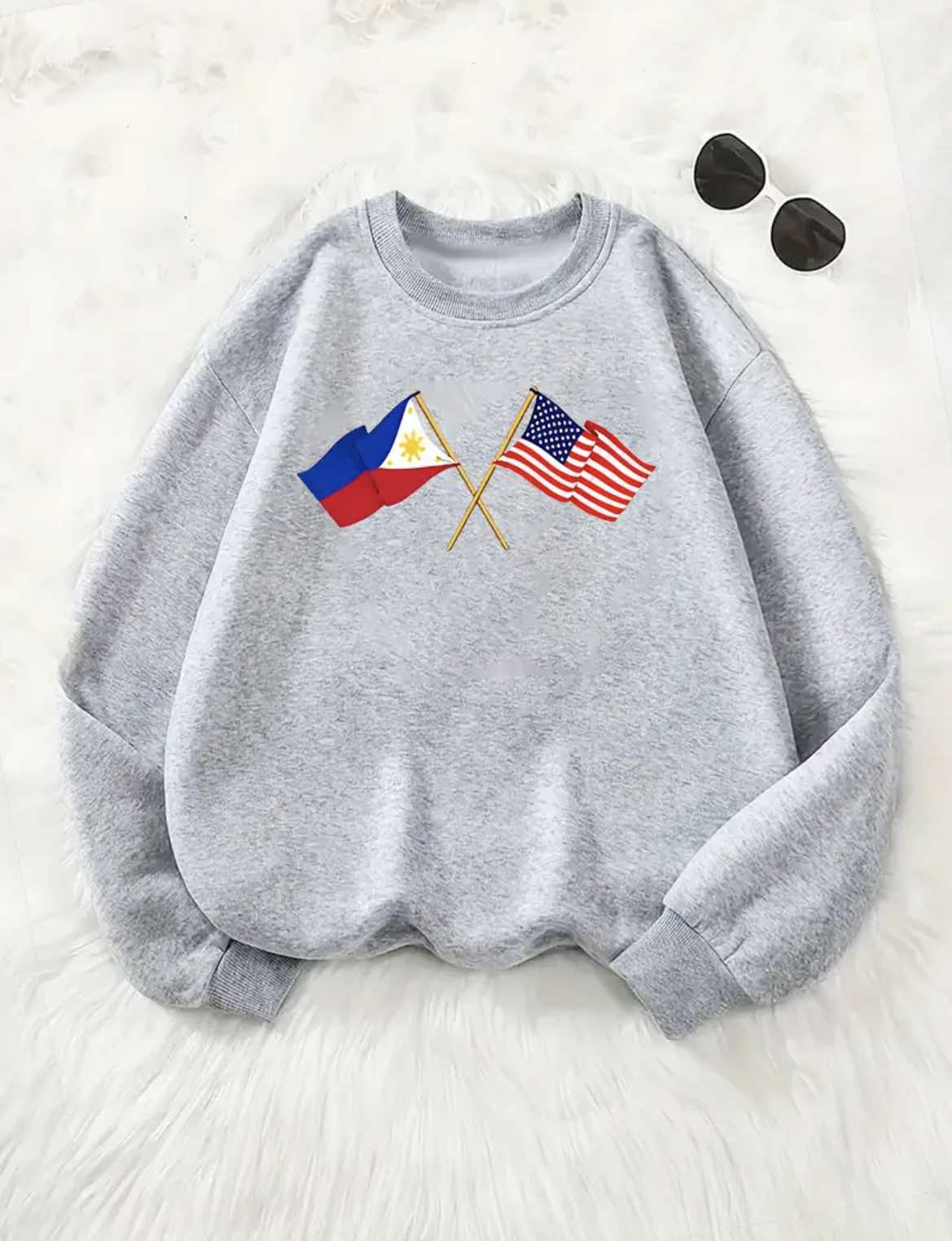 Philippines & USA Cross Emblem Crewneck Sweater Medium Light Grey Women NEW