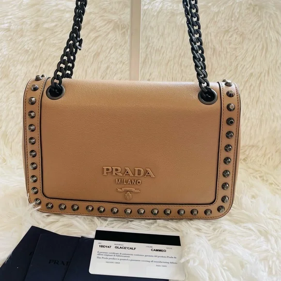 PRADA GLACE CALF CAMMEO Leather Pattina Beige Bag EUC