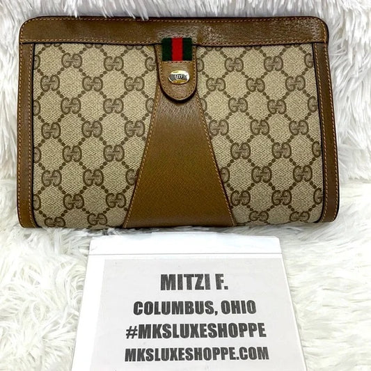 GUCCI SHERRI GG PATTERN MINI CLUTCH POUCH PVC BROWN EUC