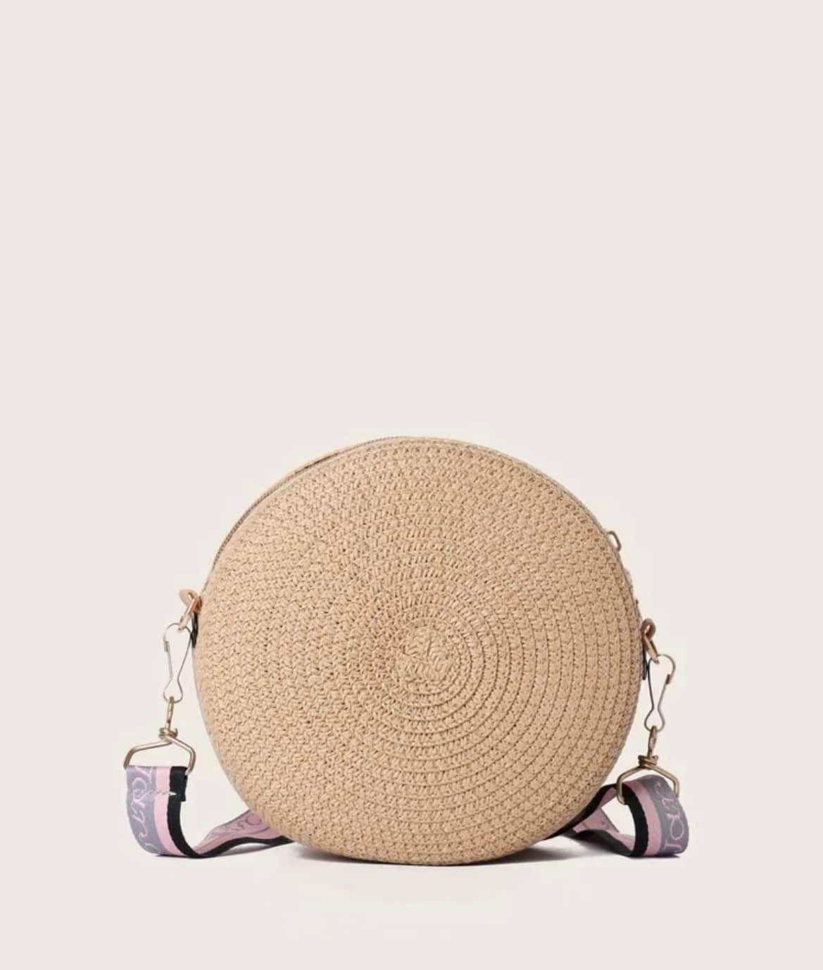 ABACA ROUND SLING BAG BEIGE WITH PINK STRAP