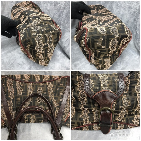 FENDI ZUCCA EMBROIDERED FLORAL SATCHEL BAG