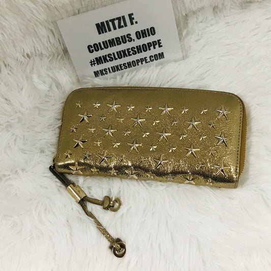 JIMMY CHOO STAR STUDDED ZIP AROUND WALLET GOLD