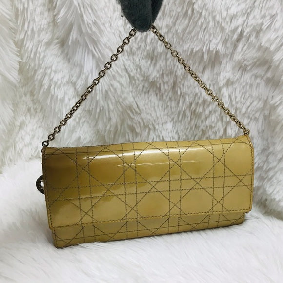 CHRISTIAN DIOR Patent Leather Chain Wallet YELLOW