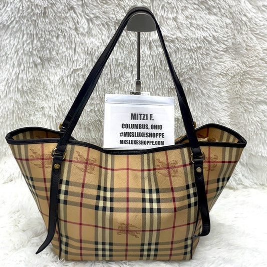 BURBERRY HAYMARKET CHECK LEATHER/PVC TOTE WITH REMOVEABLE POUCH